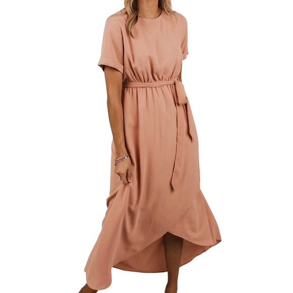 Roolee Classic Taylor Jane Blush Pink Faux Wrap Hi Low Maxi Bridesmaid Dress - Picture 14 of 15